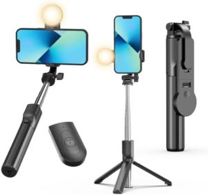 Trípode selfie stick de 43 pulgadas, palo selfie extensible con luz, control remoto inalámbrico Bluetooth Selfie Stick para iPhone 15, 14, 13 Pro Max, y más teléfonos inteligentes, color negro